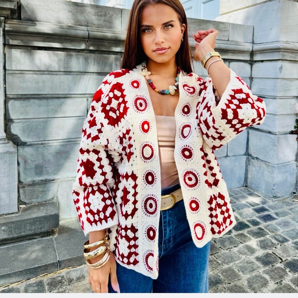 FROM PARIS FRANCE 🇫🇷 Red and White Crochet Cardigan - Picture 1 of 2